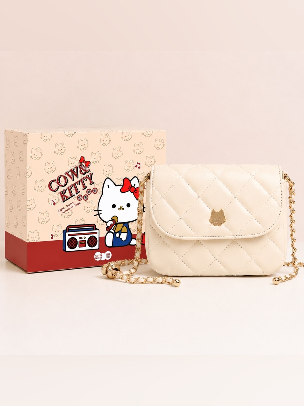Cute Quilted Cream Crossbody Bag with Gold Chain